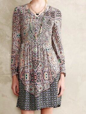 Maeve Anthropologie Tiled Amethyst Smocked Pockets Boho Dress - Size Small P